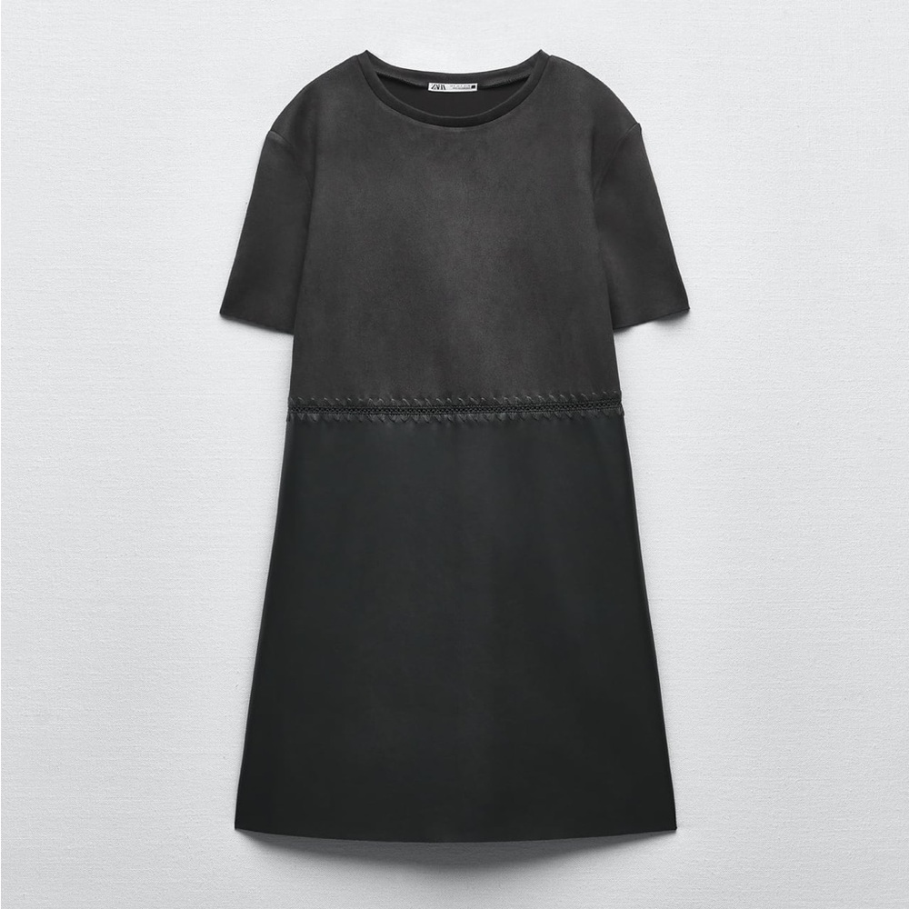 Zara DRESS WITH FAUX LEATHER ANTHRACITE GREY Size L